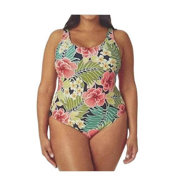 Pink and Green Tropical One Piece Swimsuit - Picture 1 of 9